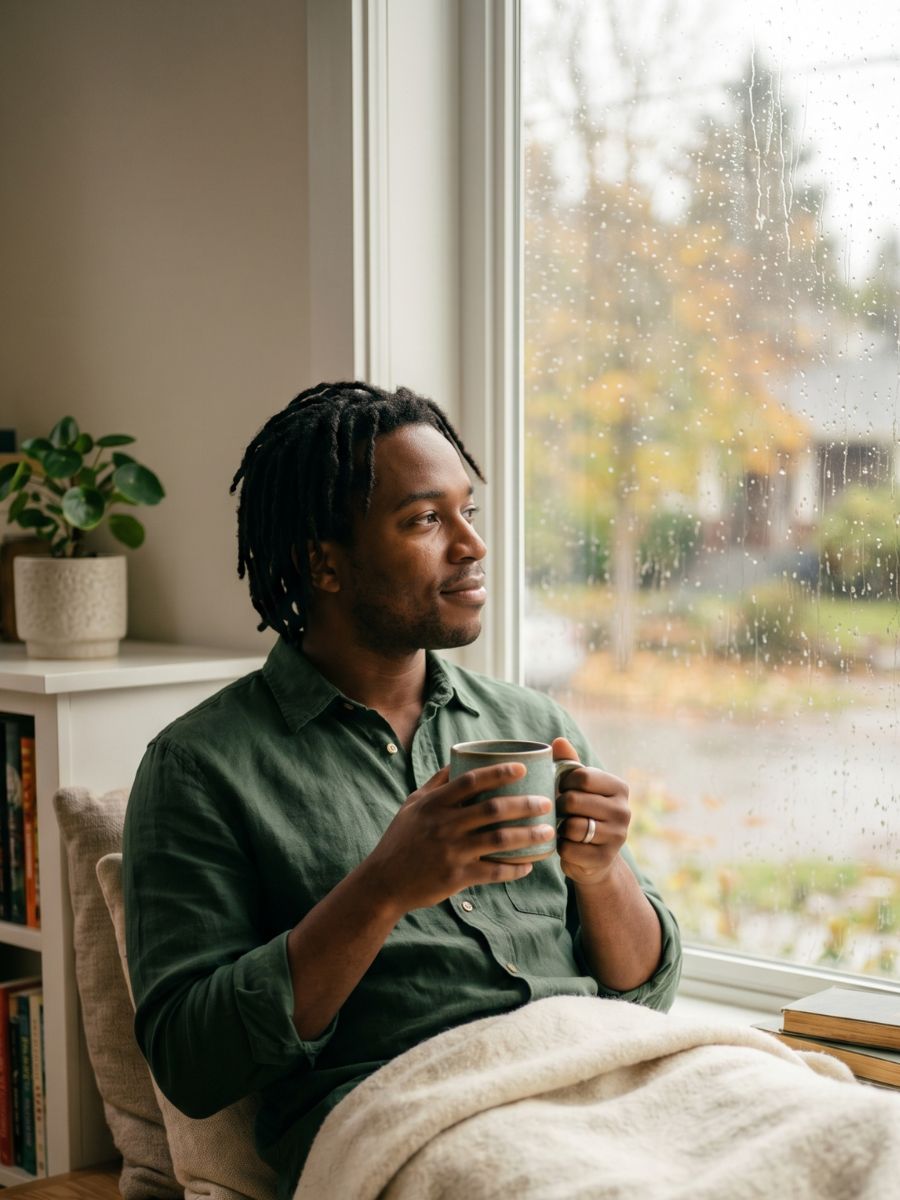 A man with dreadlocks sits by a rainy window with a cozy blanket and a warm mug, practicing stillness and reflection.