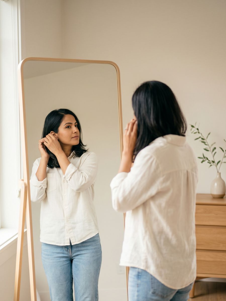 A woman in a white shirt looks at her reflection in a large floor mirror, reclaiming her identity and sense of self in a bright, minimalist room.