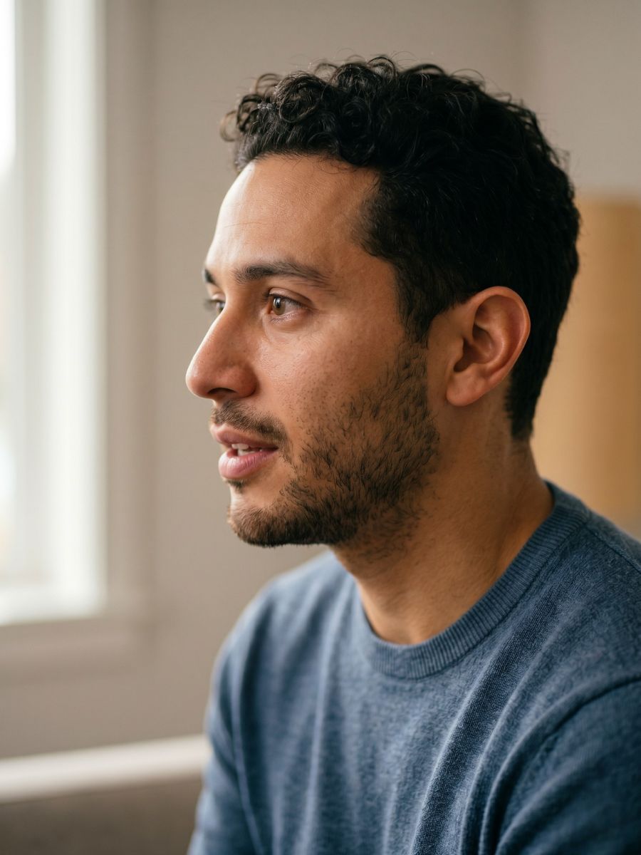 A close-up profile of a man with a thoughtful and calm expression, representative of an adult seeking anxiety therapy and emotional clarity.
