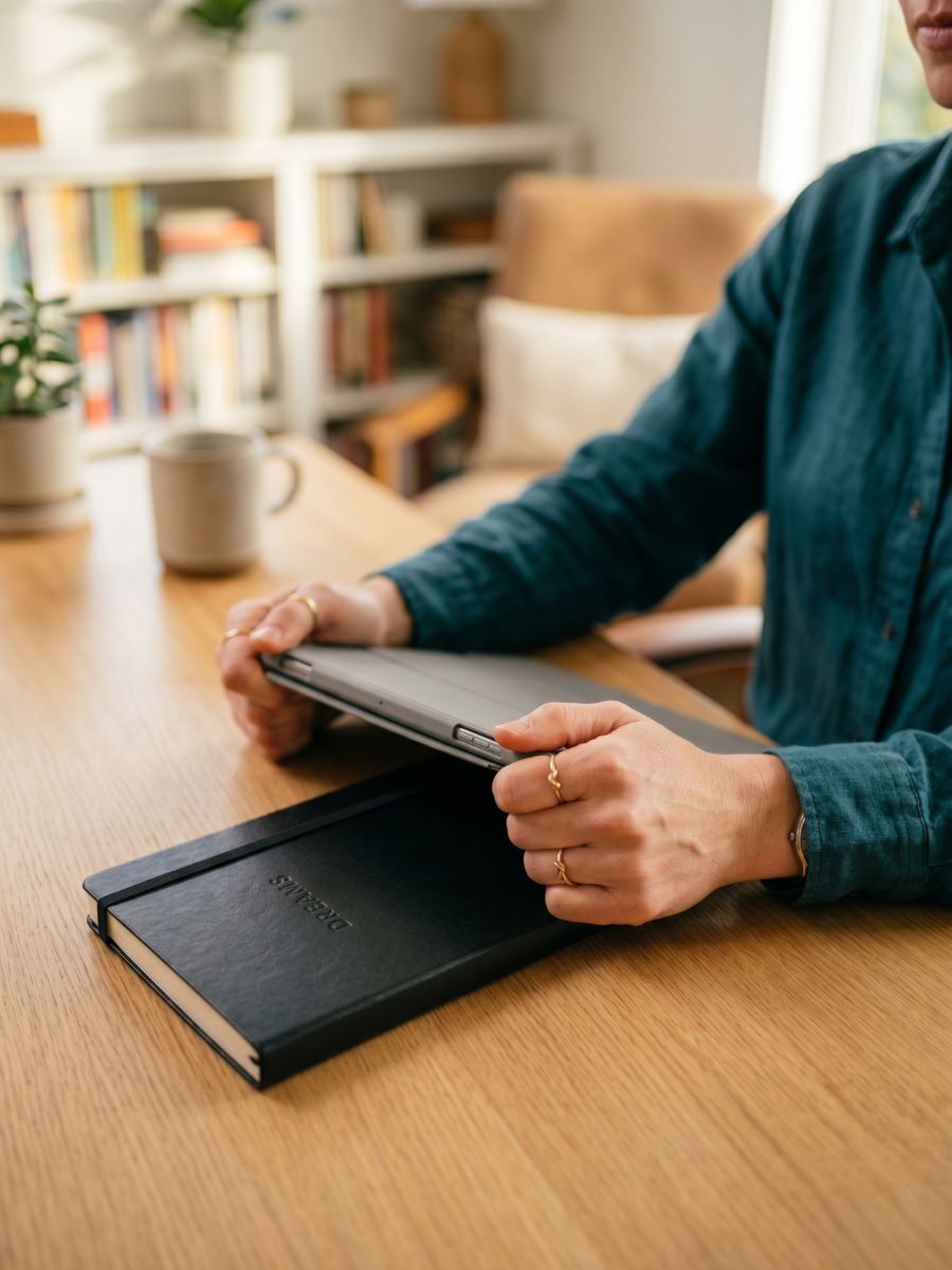 Close-up of a person’s hands resting on a tablet and a black "Dreams" notebook, transitioning from a tense grip to a relaxed posture at a wooden desk.