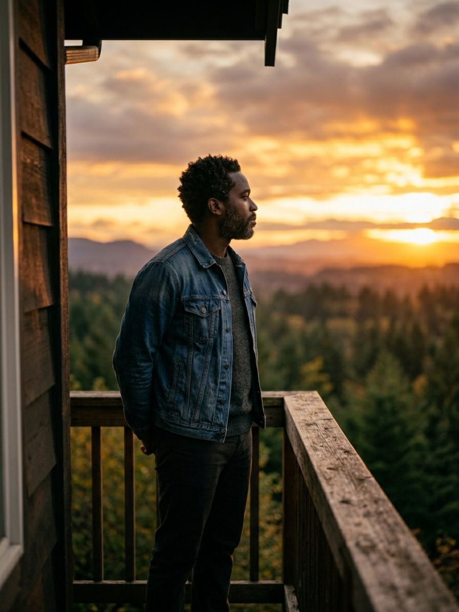 A man in a denim jacket stands on a wooden balcony at sunset, looking out at a vast forest while breaking the cycle of toxic relationships.