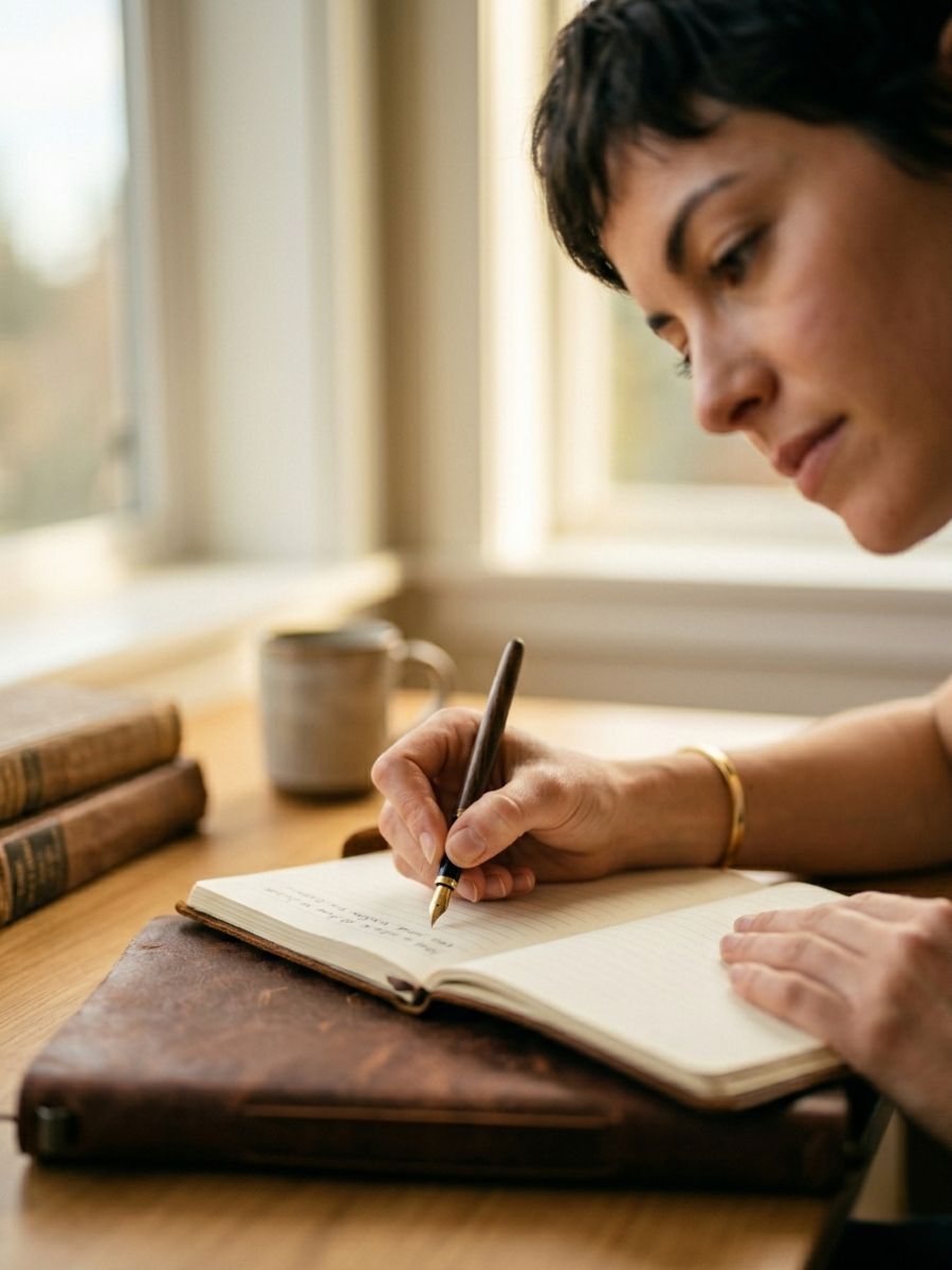 A close-up of a woman writing in a leather-bound journal, focusing on her own truth while healing from emotional manipulation.