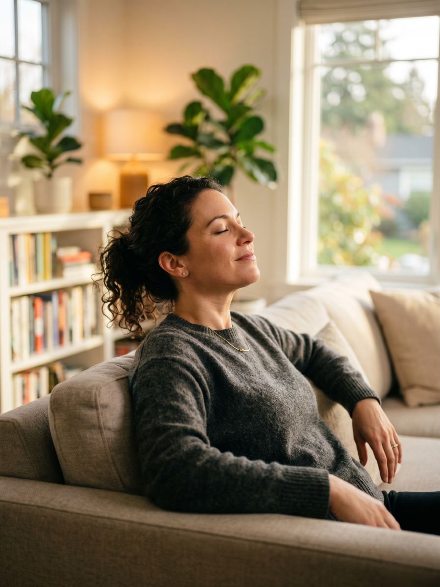 A woman sits on a comfortable couch with her eyes closed, taking a deep, restorative breath in a warm, sunlit living room.
