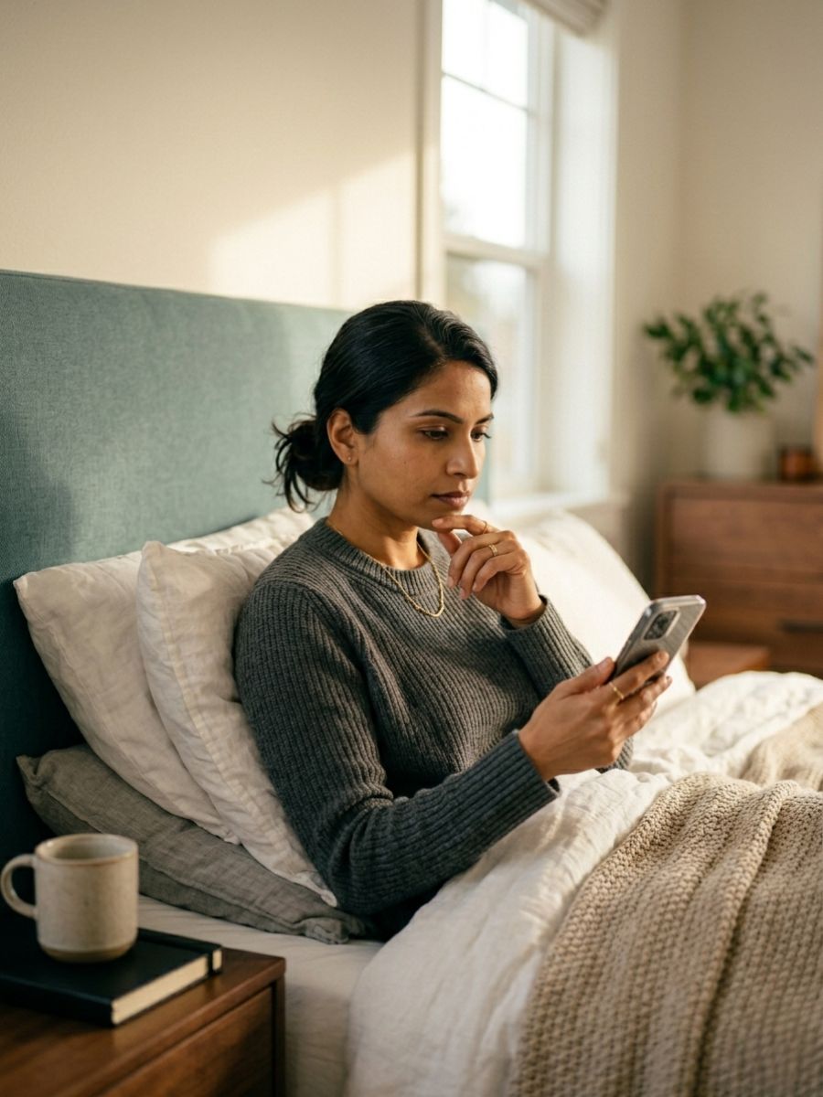 A woman sits in a peaceful bedroom, looking at her phone with a contemplative expression as she reflects on relationship patterns.