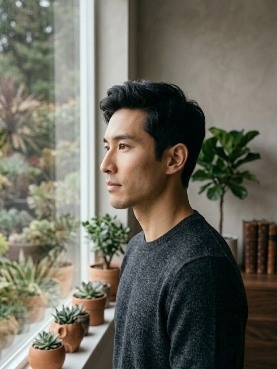 A thoughtful man looking calm and focused, representing a restored subconscious state and peak mental performance.