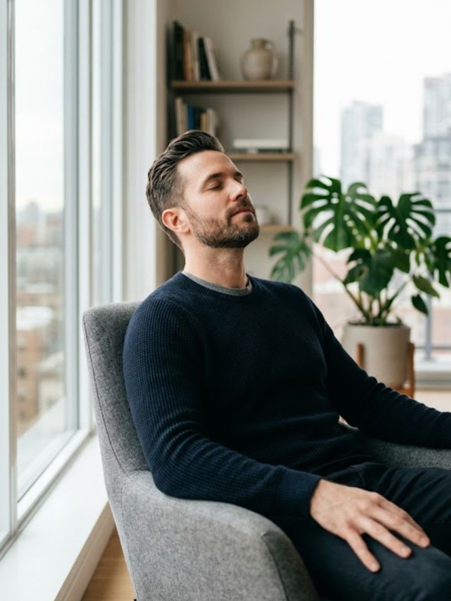 A man sitting in a modern, bright room with a calm expression, taking a deep breath to reset his nervous system.