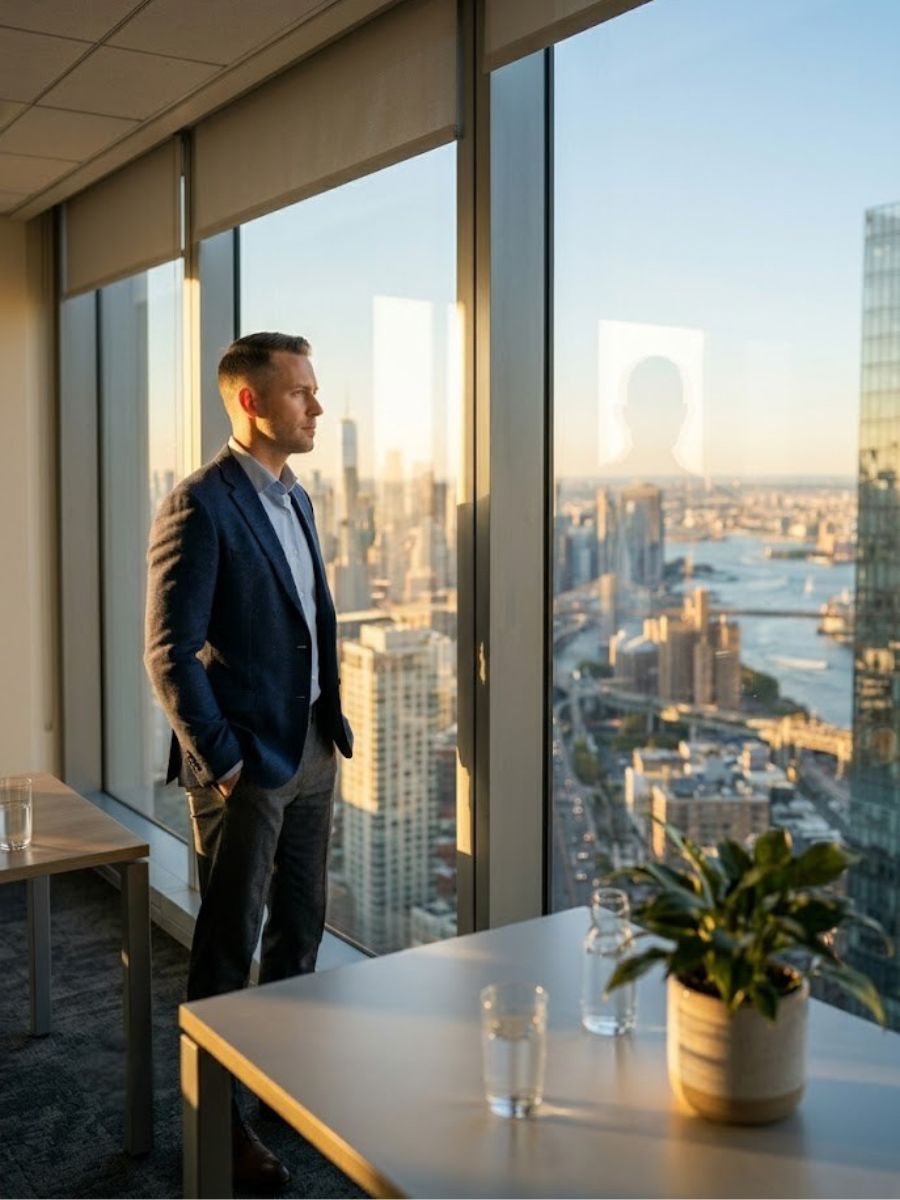 A focused professional man looking out a window, representing mental clarity and tactical stress management.