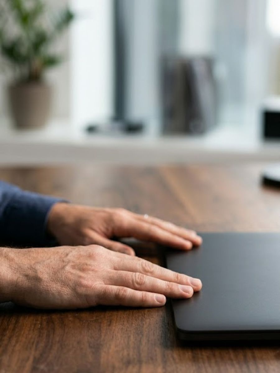 Close-up of a man's relaxed hands on a wooden desk, symbolizing strategic stress relief and system reset.