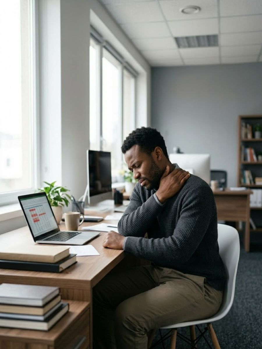 A man sits at his work desk holding his neck, dealing with stress pain