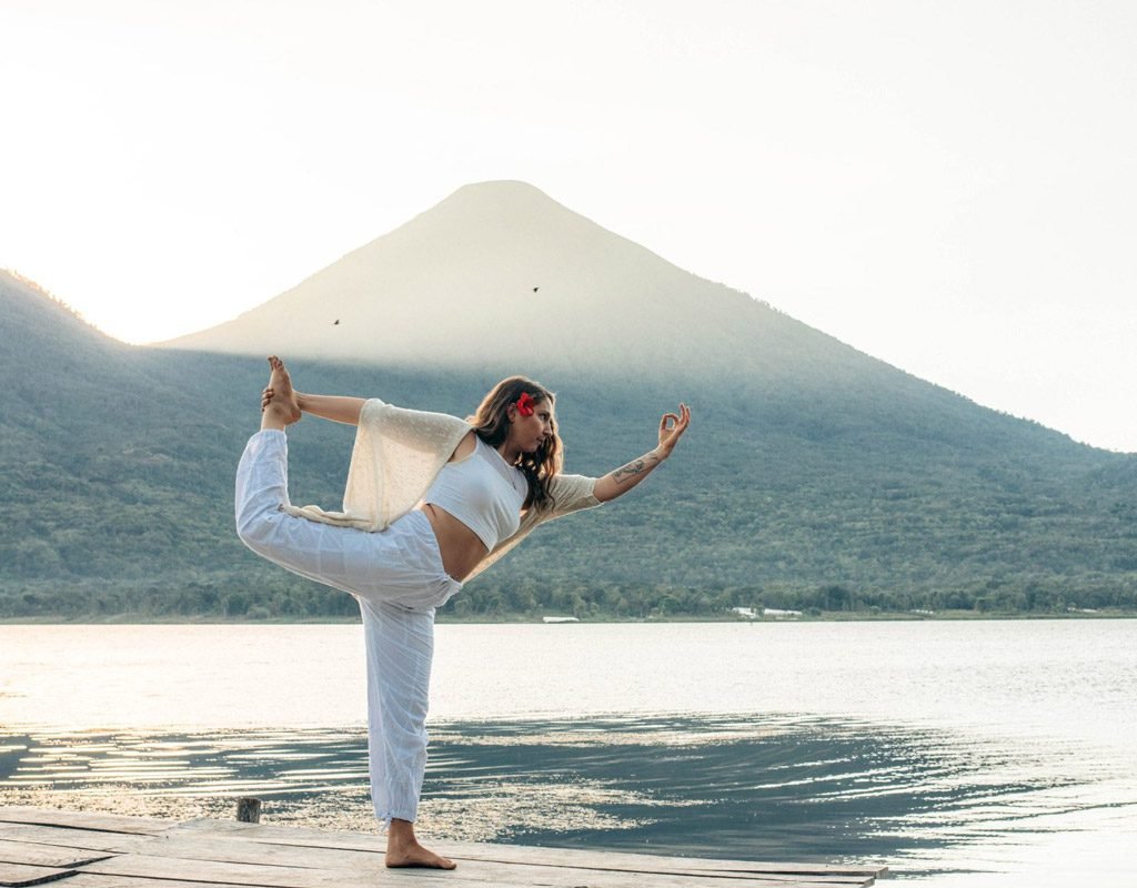 Mystical Yoga Farm dock and volcanoes on Lake Atitlán