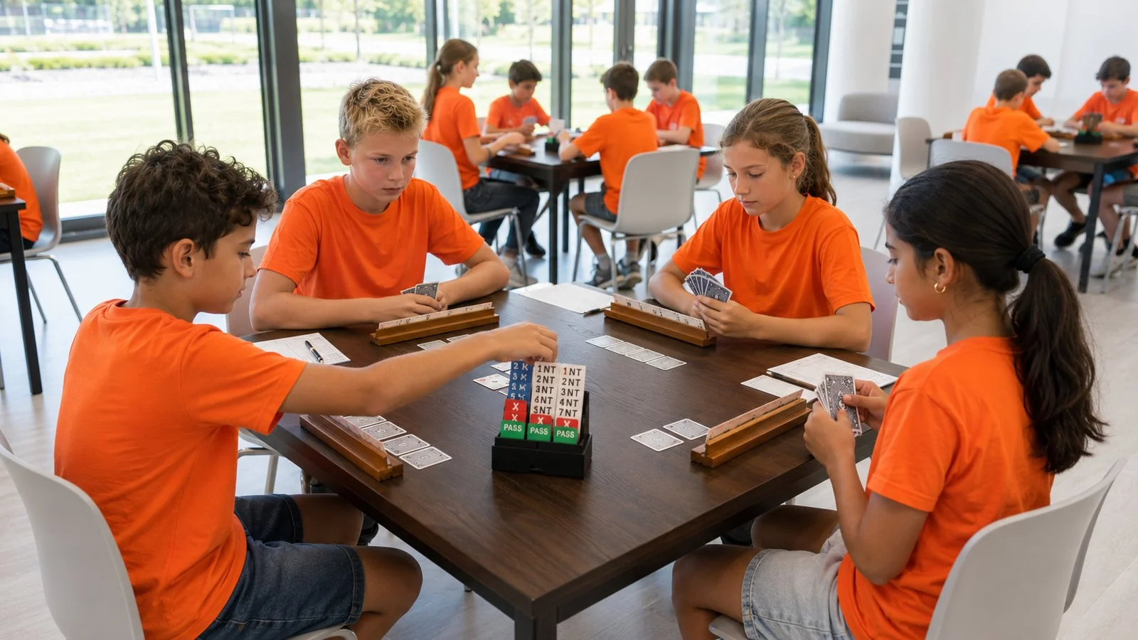 Vier jongeren spelen bridge aan tafel tijdens een toernooi