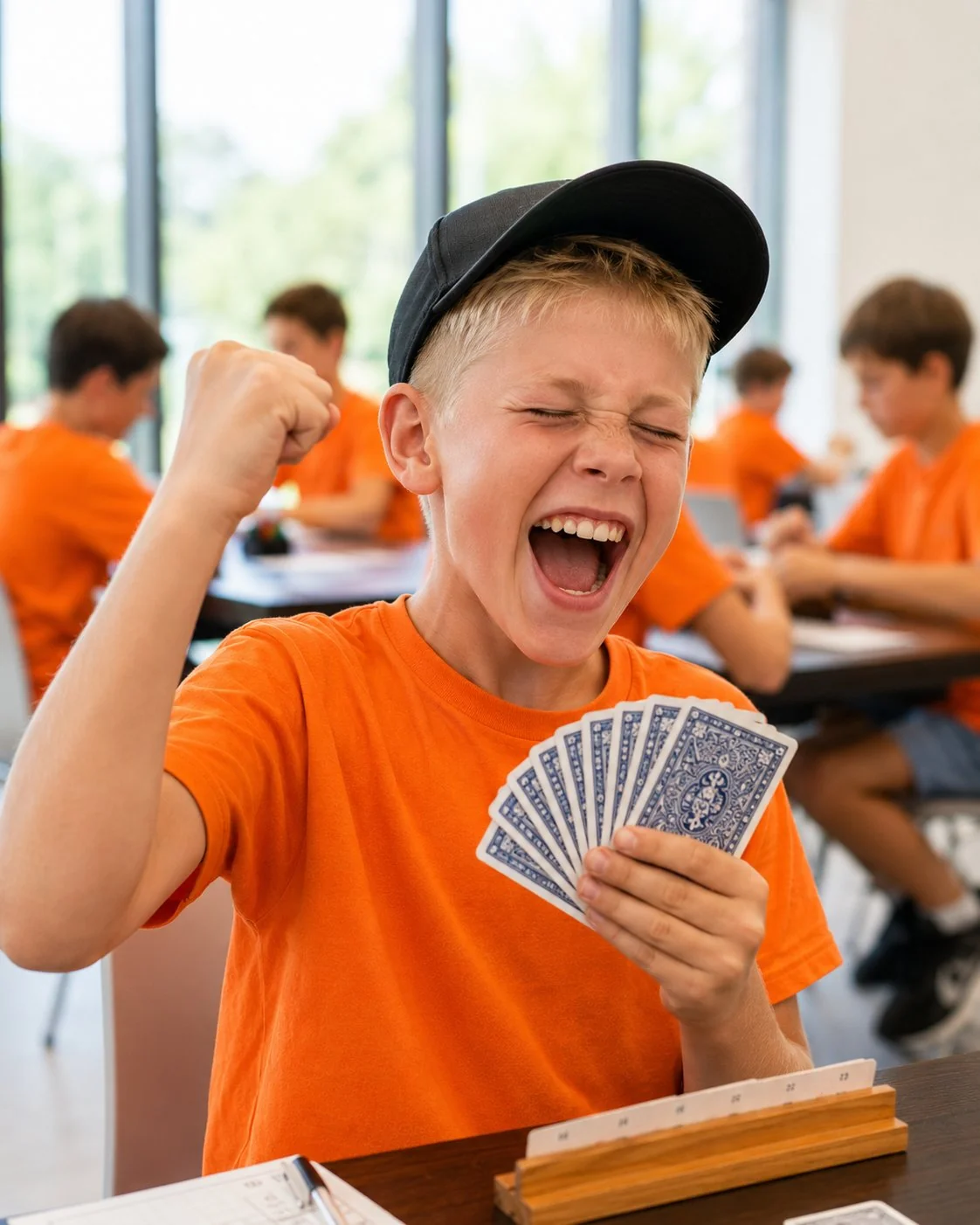 Jongen juicht bij het winnen van een bridge spel