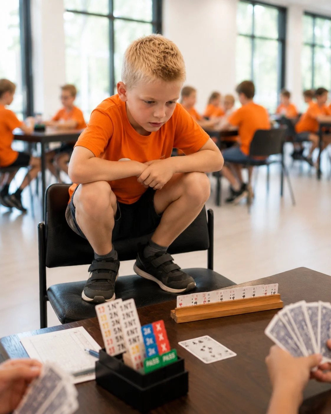 Jong kind in diepe concentratie tijdens bridge toernooi