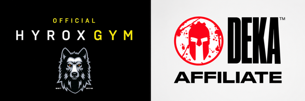 Official HYROX Gym badge with the wolf logo, and DEKA Affiliate badge