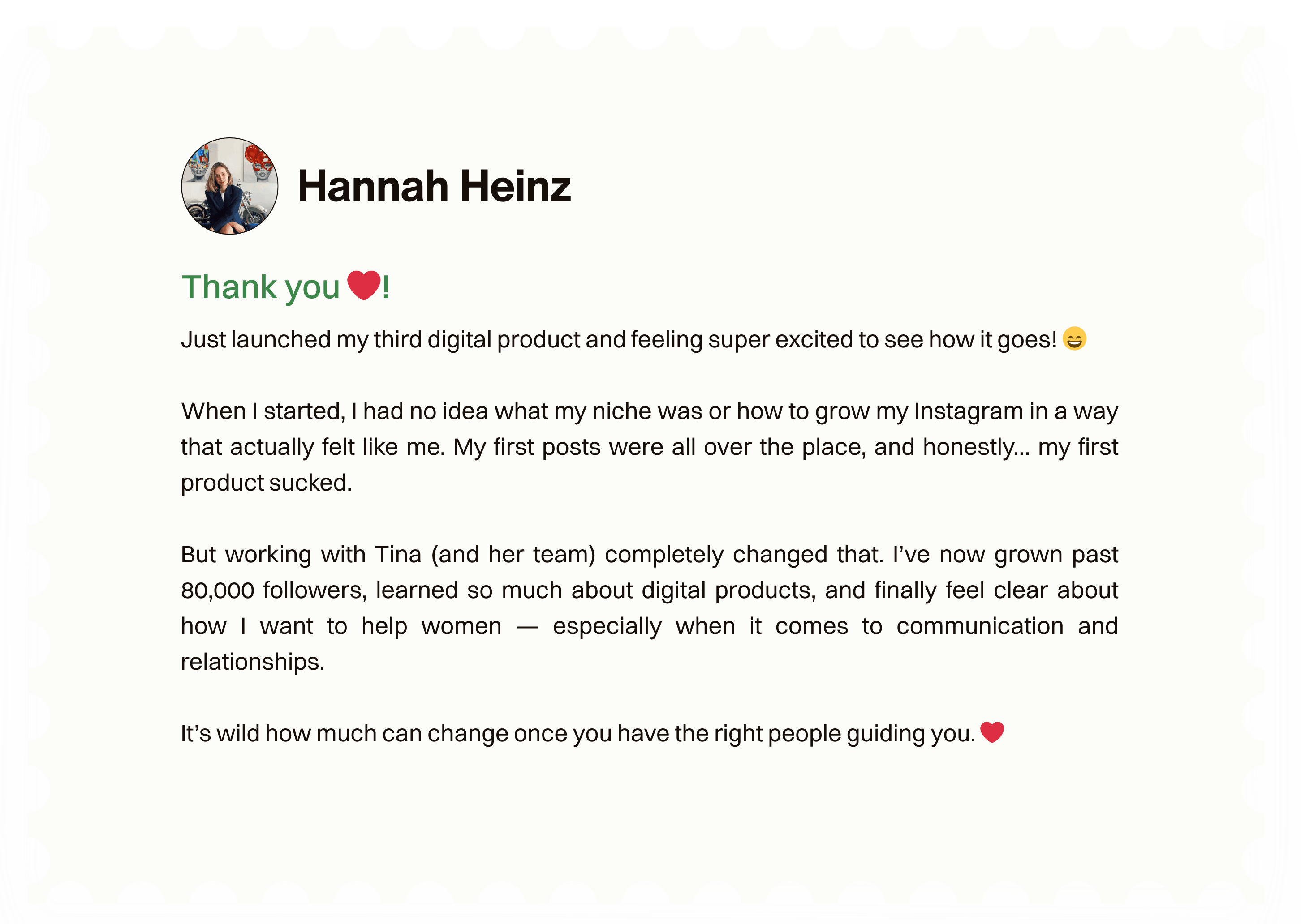 Hannah testimonial screenshot
