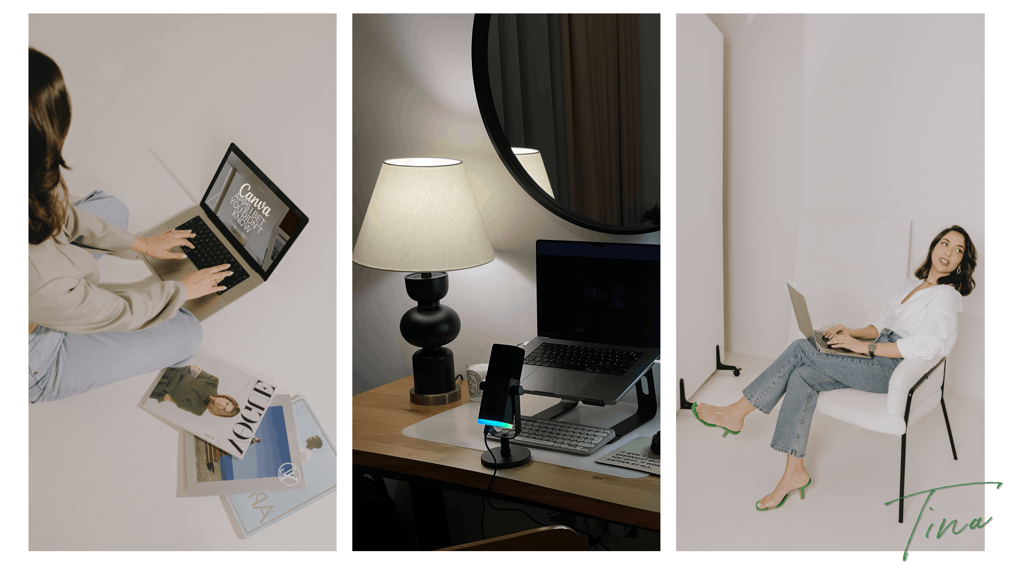 Three photos of me working on Canva designs and relaxing with my laptop