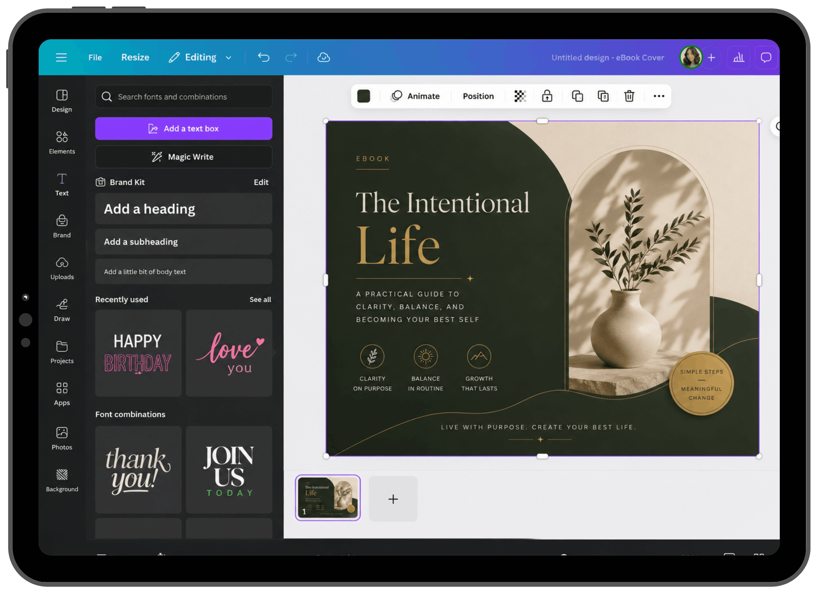 An ebook cover designed in Canva on a tablet