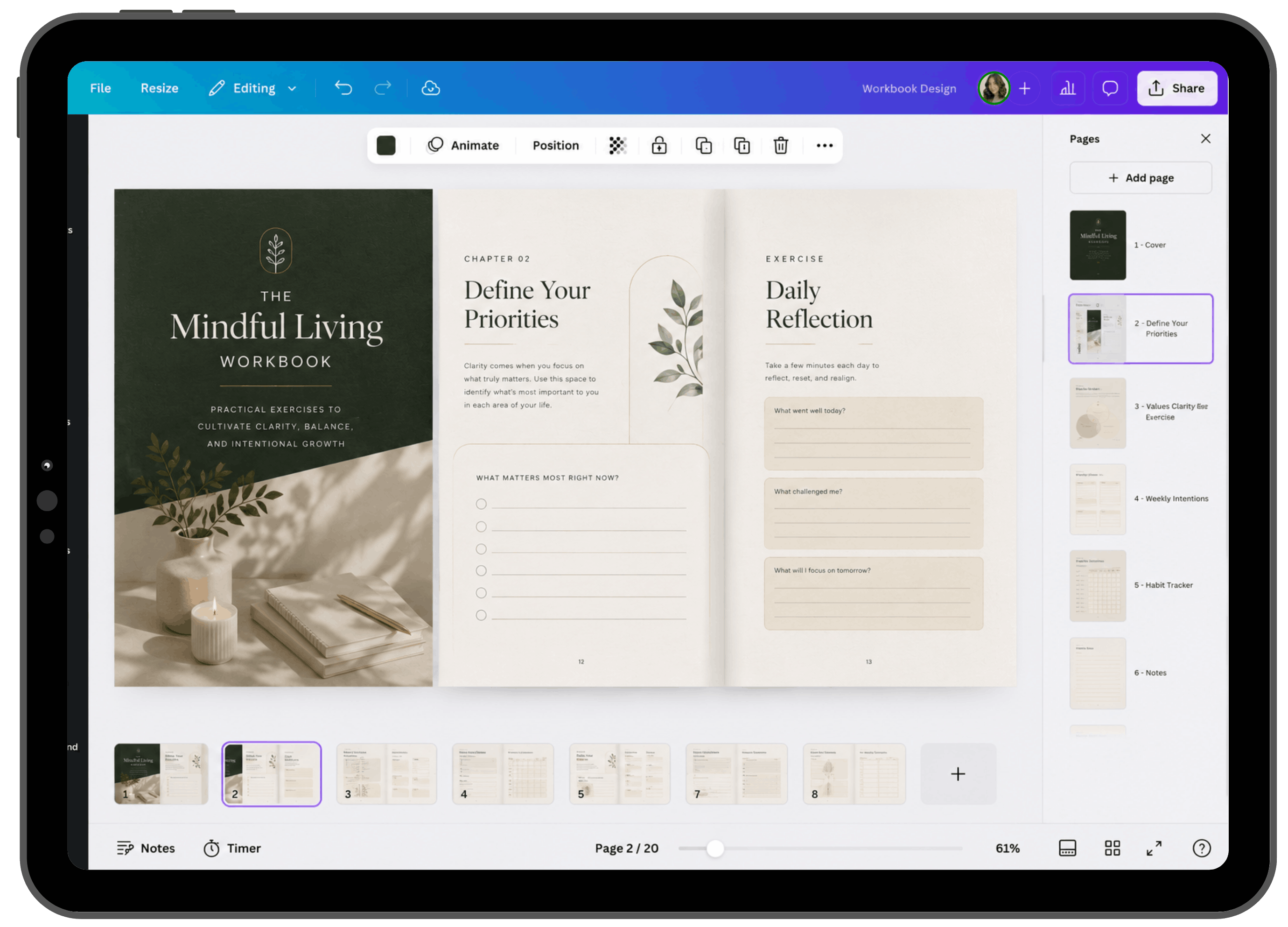 A Canva workbook with editable planning and reflection pages