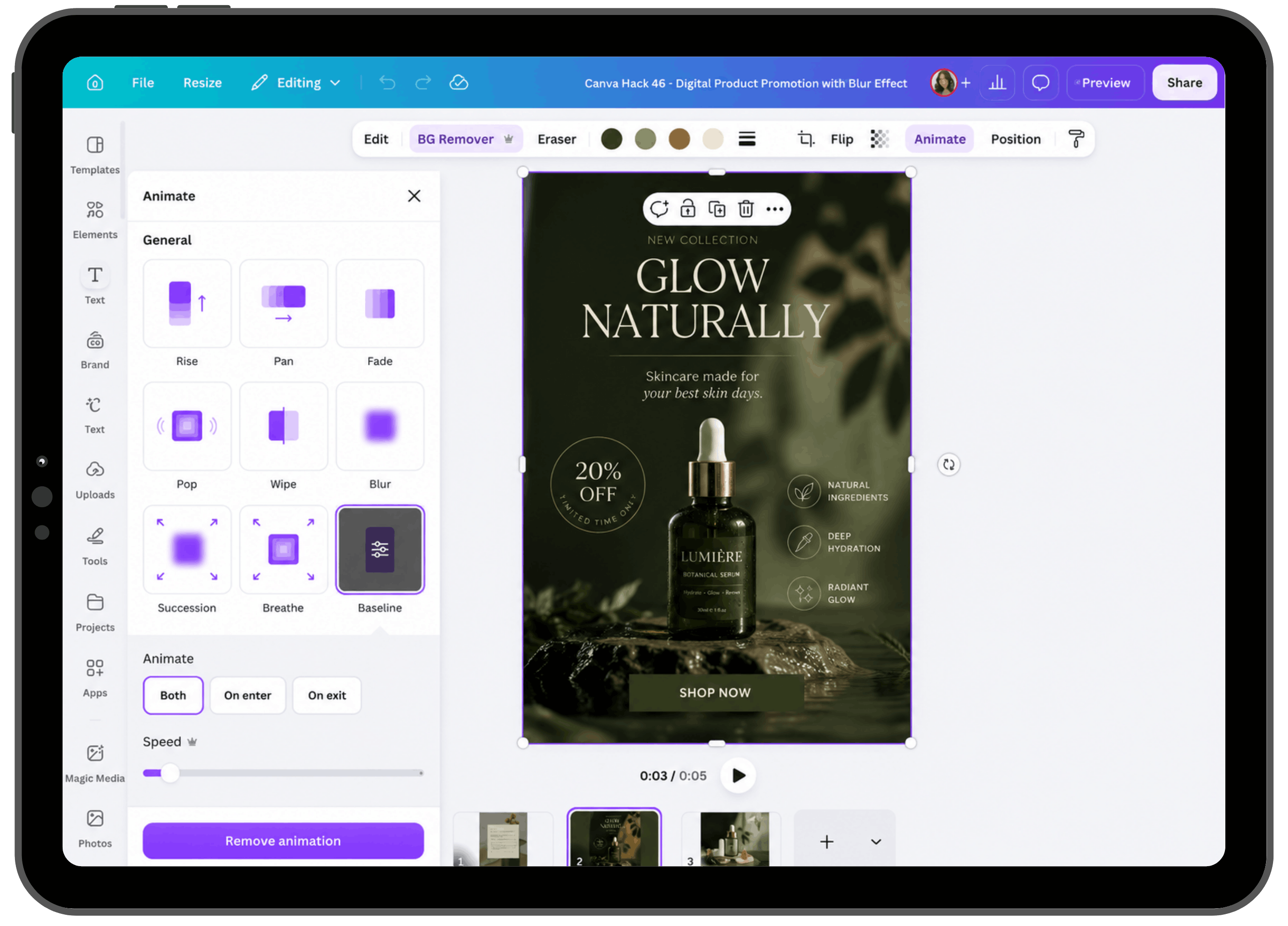 A skincare reel being edited with animation effects in Canva
