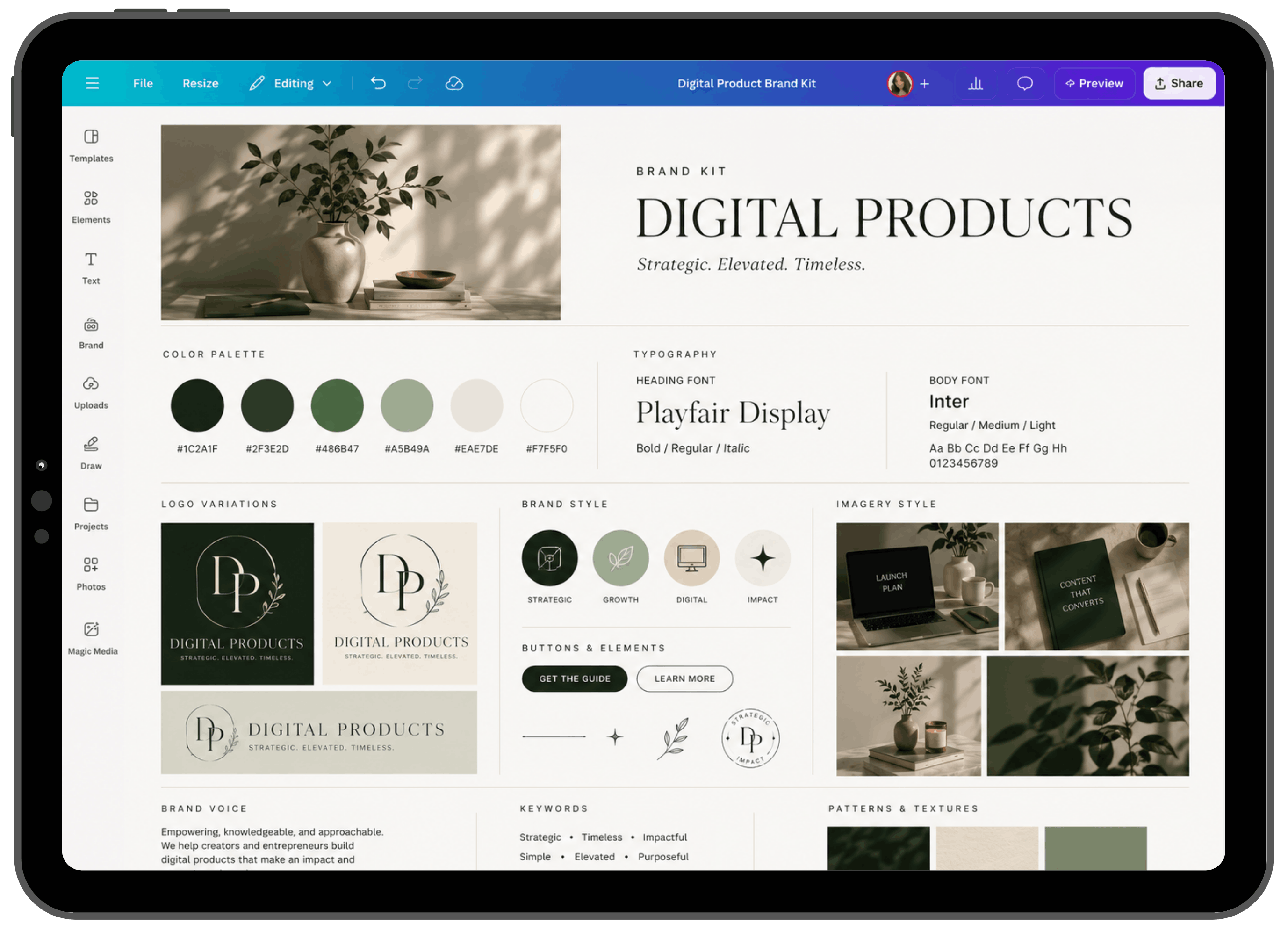 A Canva brand kit with coordinated colors, fonts and content layouts