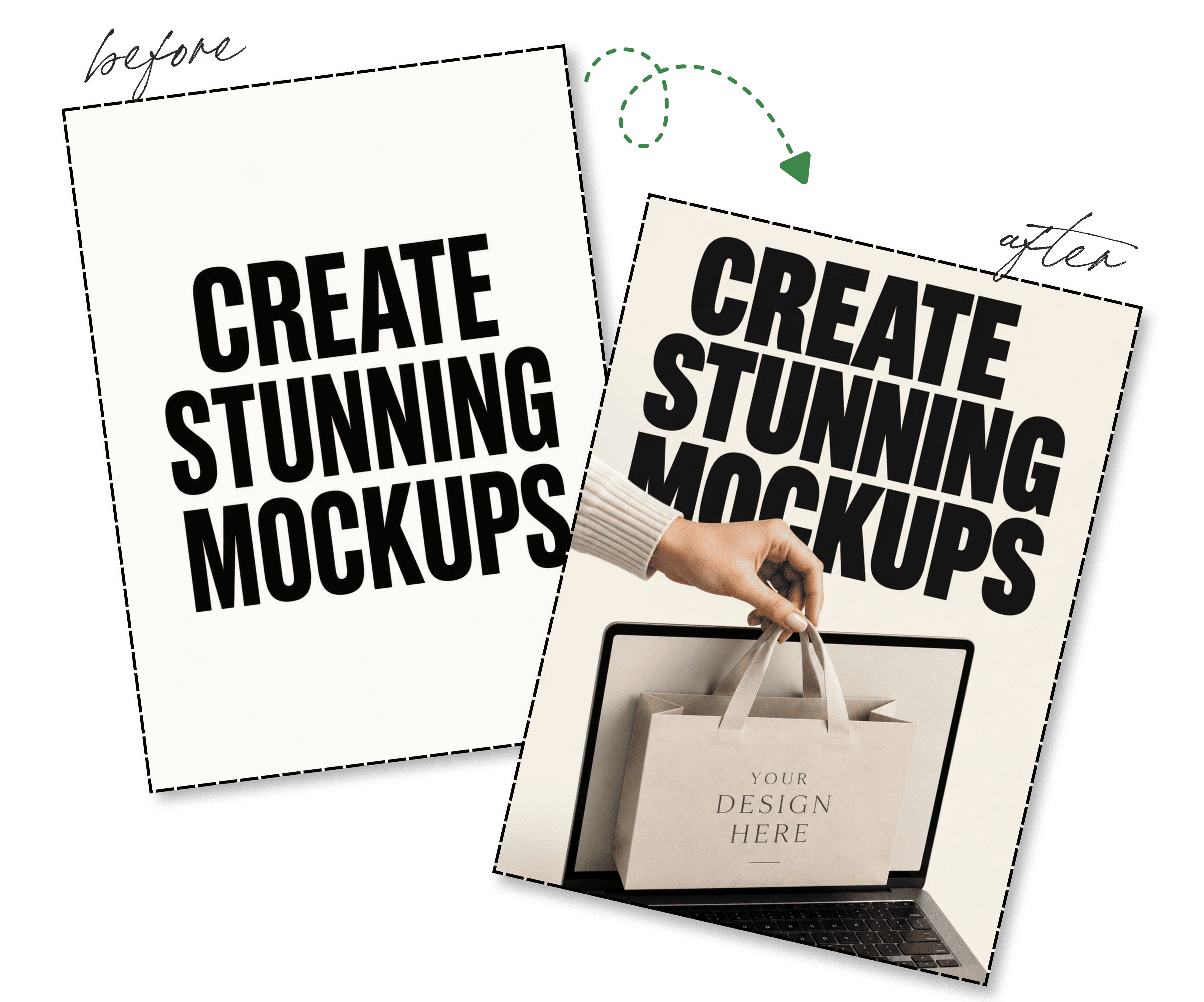 Before and after: plain promotional text combined with a realistic bag and screen mockup
