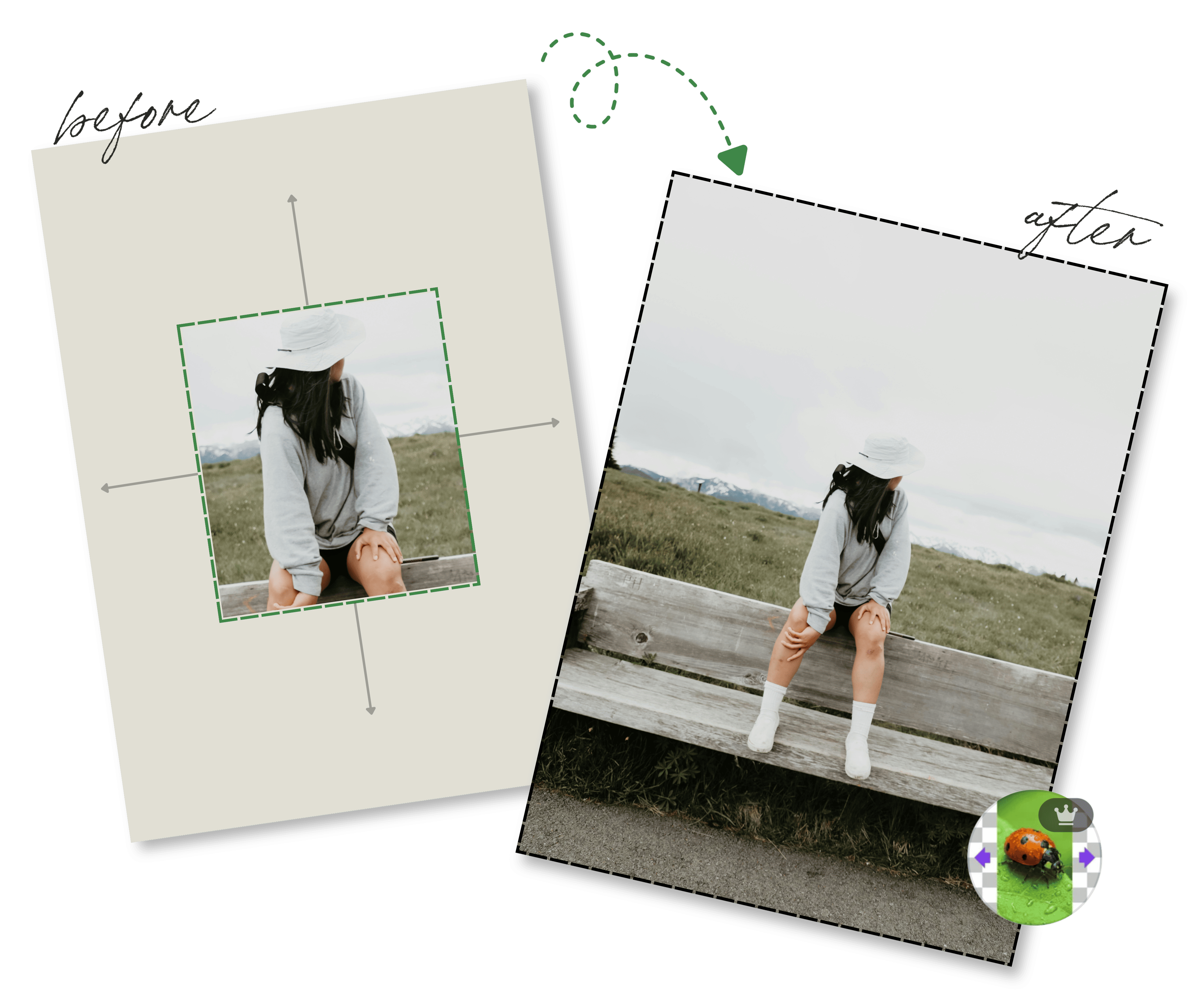 Before and after: a small cropped photo expanded into a full landscape scene