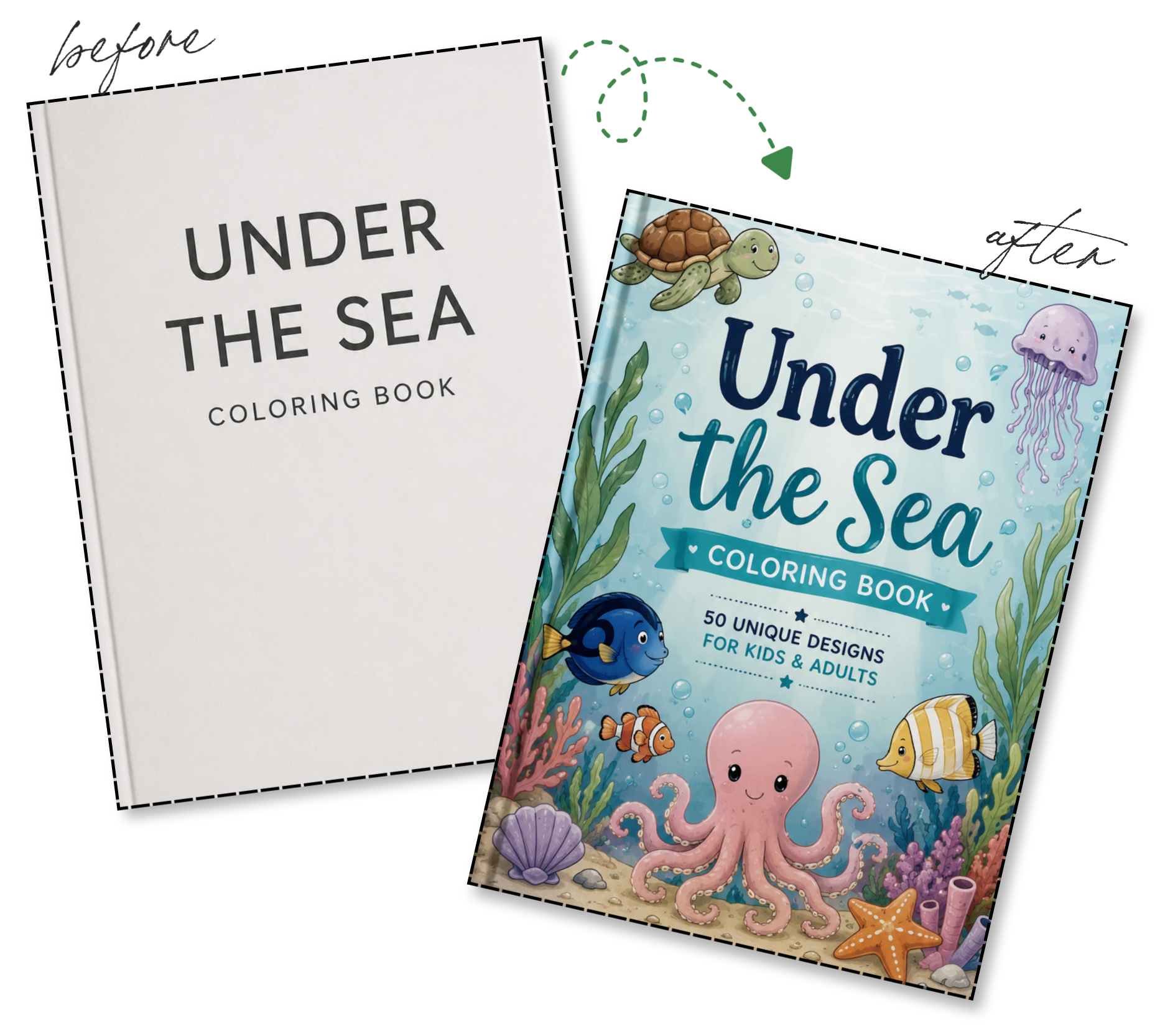 Before and after: a plain coloring book cover transformed into an illustrated underwater design