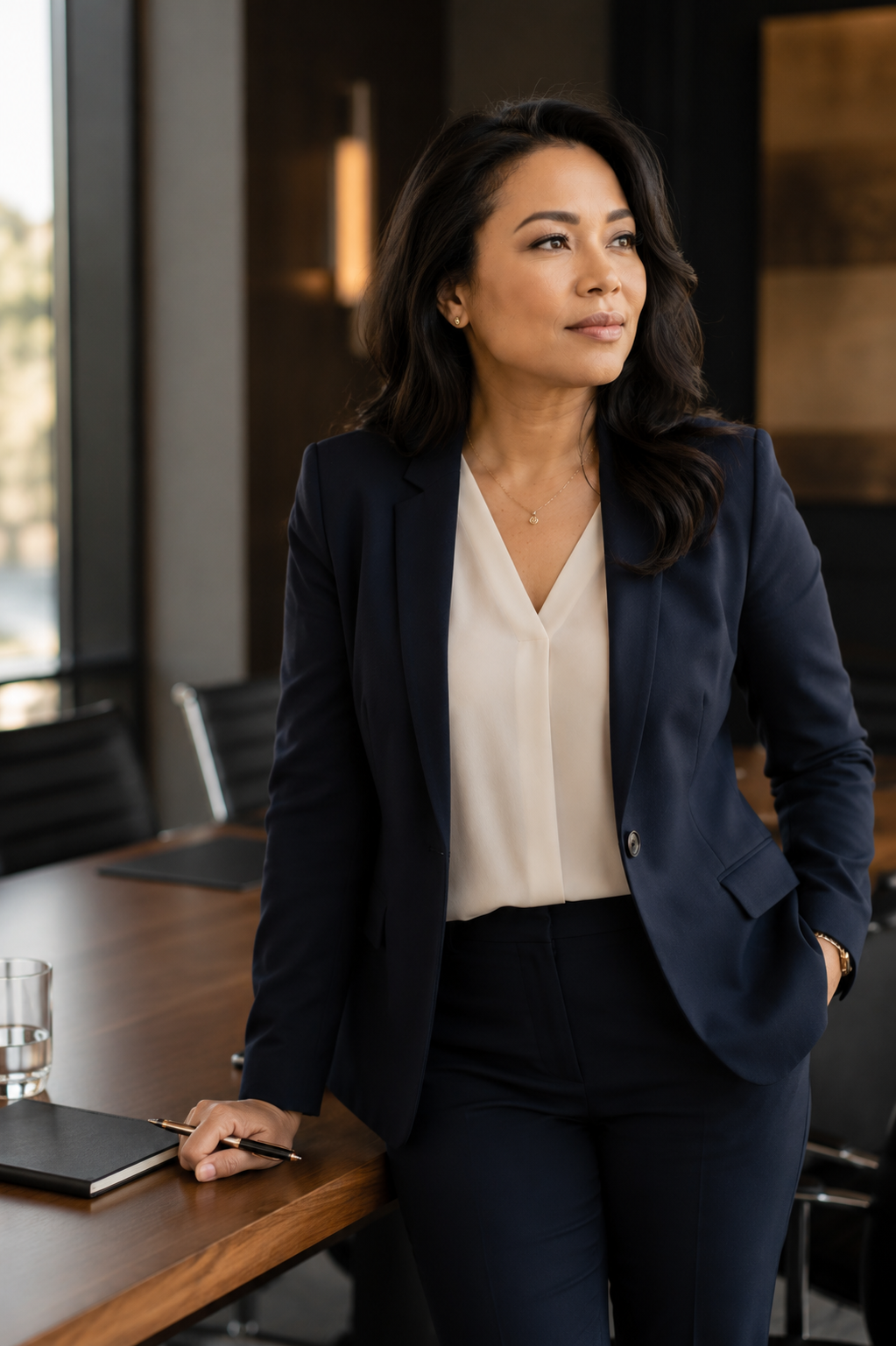 A woman leader stands calmly in an everyday office setting, representing leadership growth, confidence, influence, and visibility coaching.
