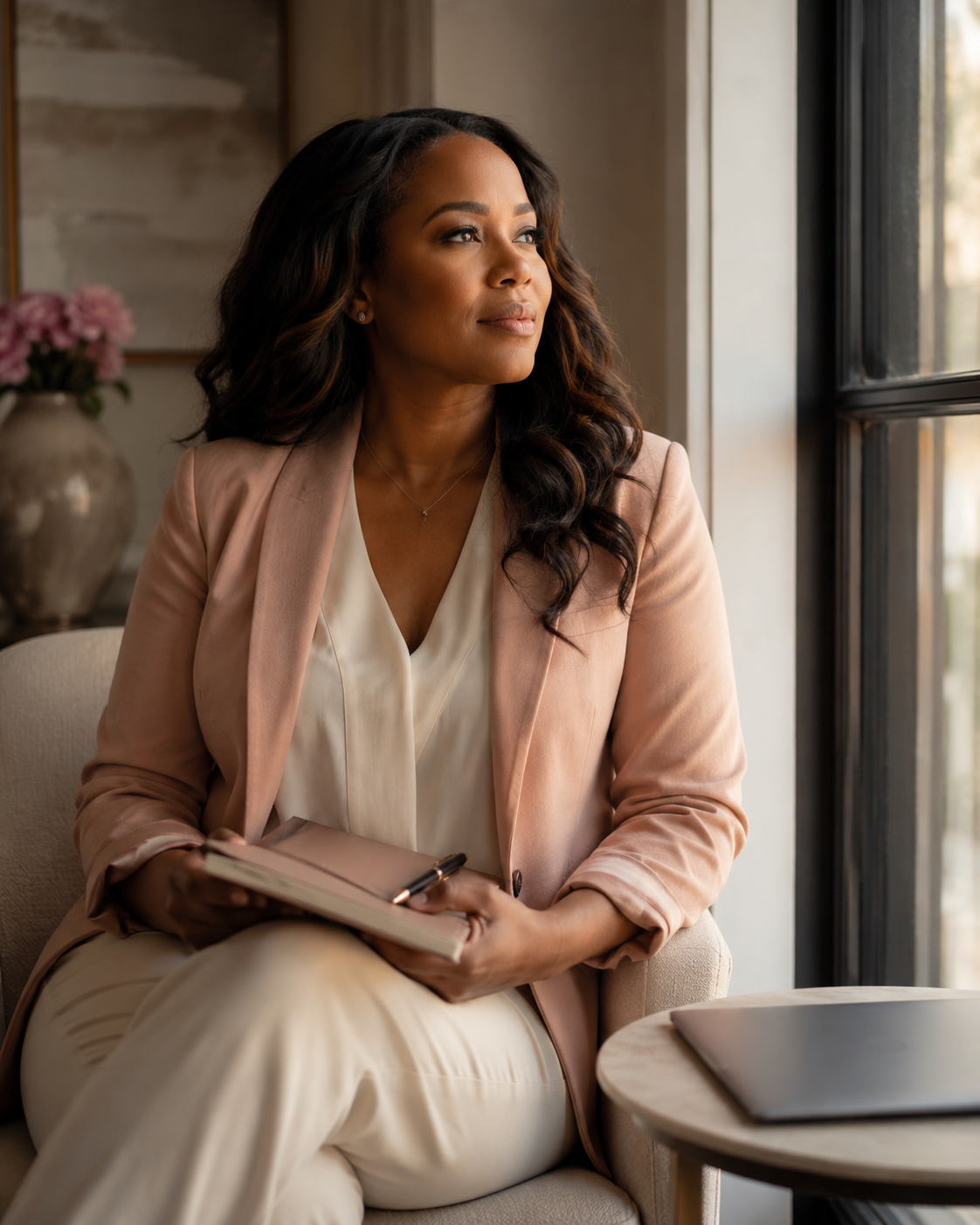 A woman in a soft rose blazer sits by a window with a journal, representing confidence coaching, personal growth, and finding her voice.