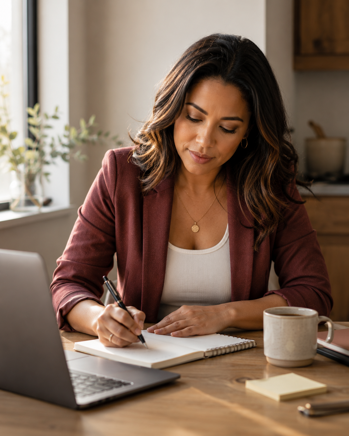 A woman entrepreneur writes in a notebook at her everyday workspace, representing message clarity, visibility coaching, and finding her voice.