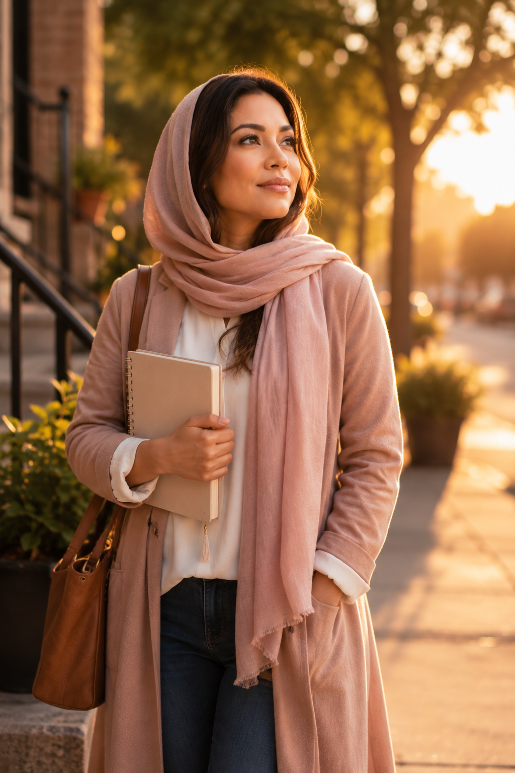 A woman walks alone in soft morning light holding a notebook, representing renewed purpose, new beginnings, personal transformation, and finding her voice.