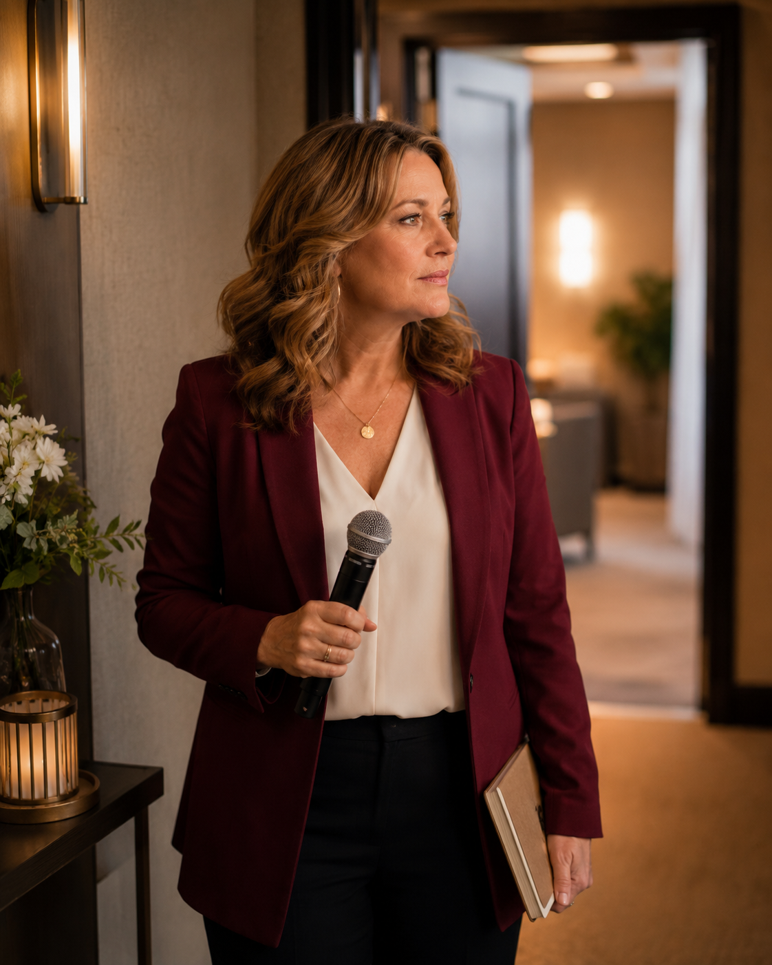 A woman in a burgundy blazer stands in a softly lit hallway holding a microphone and notebook, preparing to share her story before an event.