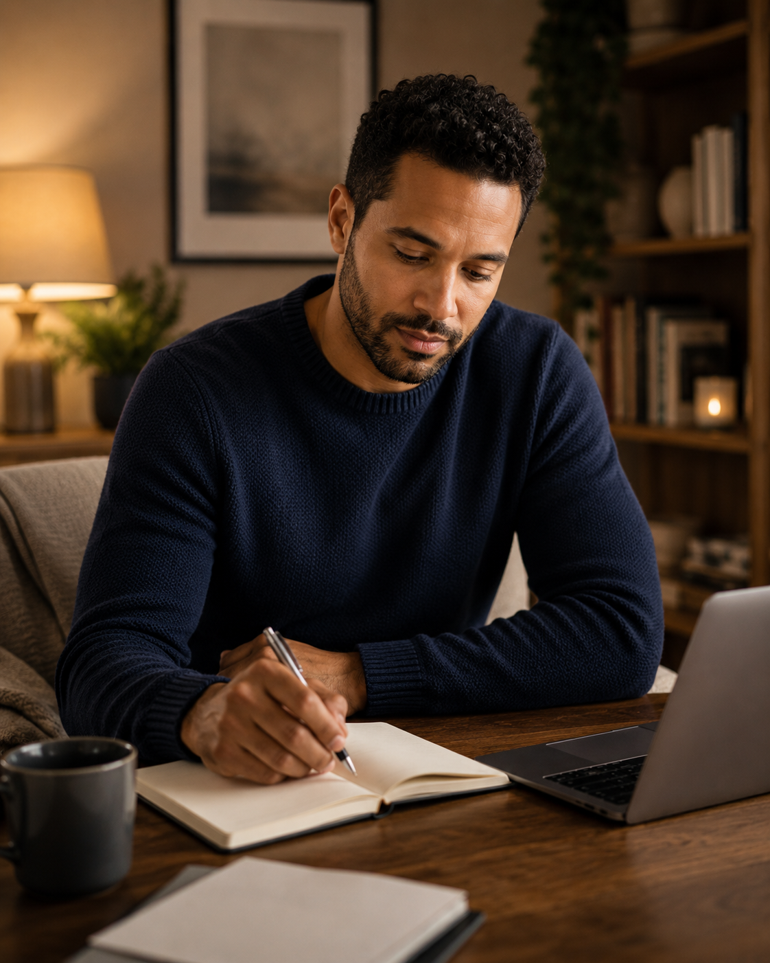 A person reflects quietly in a cozy workspace with a notebook and laptop, representing self-discovery, purpose, and becoming more fully themselves.