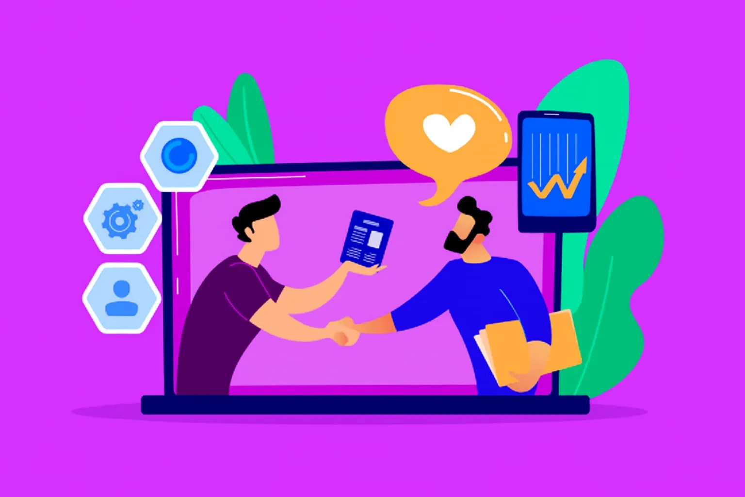 Illustration of two people shaking hands during a digital marketing partnership with analytics and automation icons on a purple background.