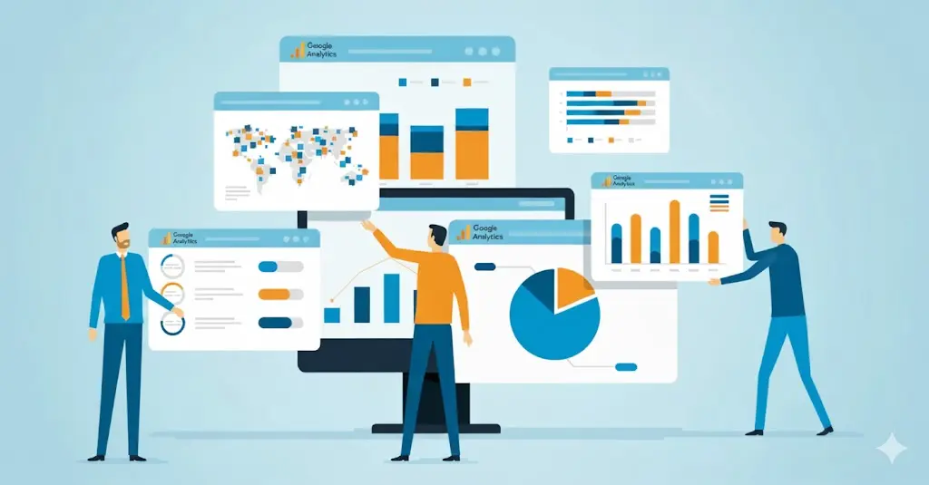 Illustration of Google Analytics dashboards showing charts, maps, and performance data being reviewed by a marketing team.
