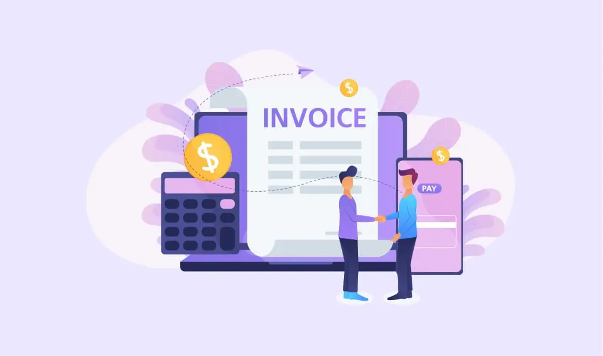 Illustration of online invoicing and digital payments with a large invoice, calculator, mobile payment screen, and two people shaking hands.