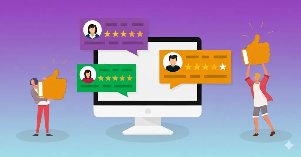 Illustration of online customer reviews and reputation management with star ratings, testimonial cards, and people holding thumbs-up icons.