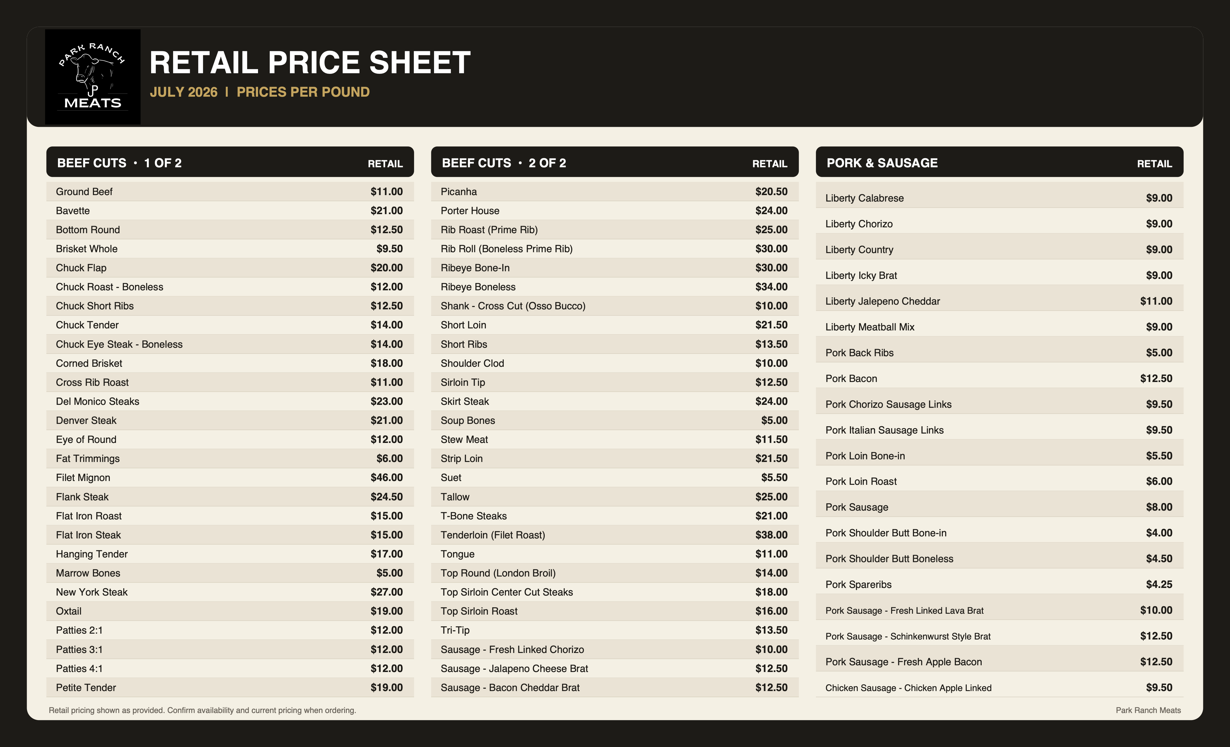 Park Ranch Meats Retail Price Sheet