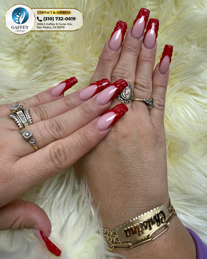 Finished manicure held up to the light at Gaffey Nails and Spa