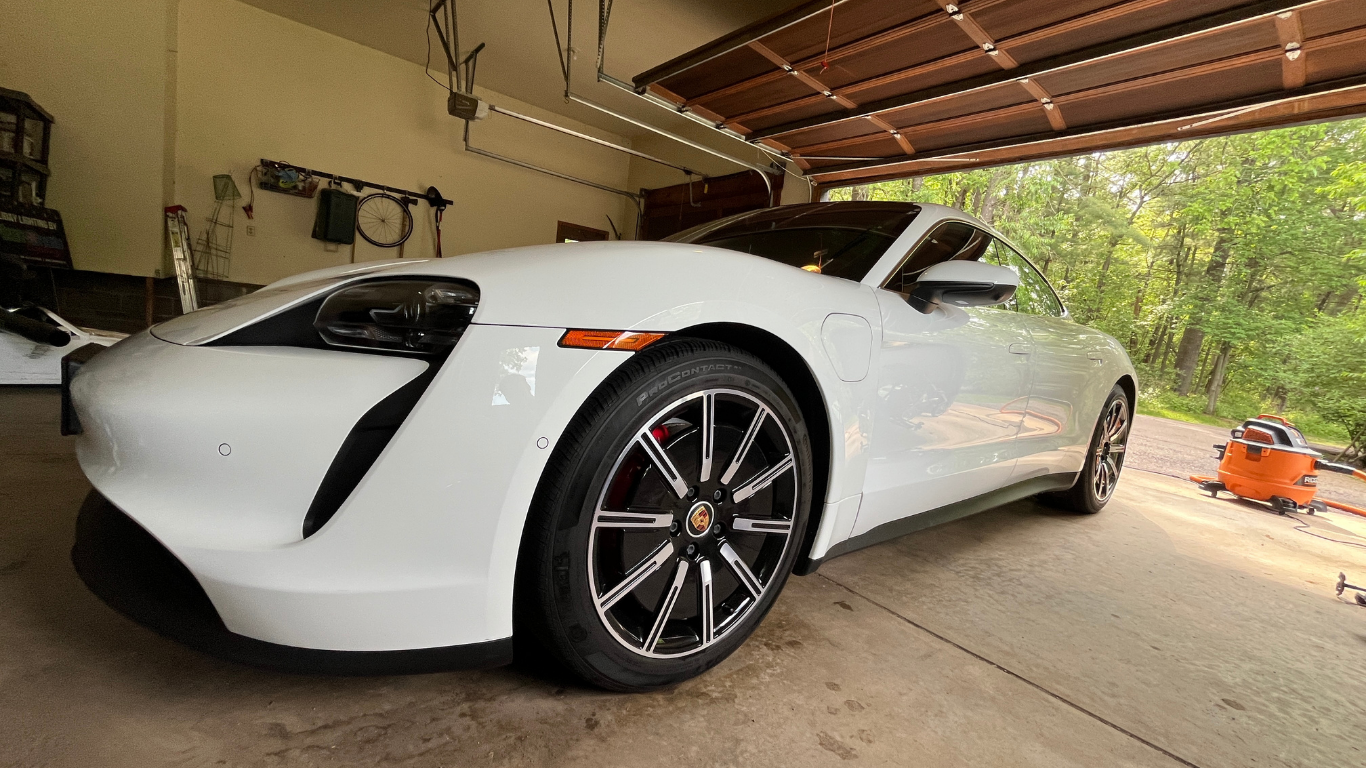 White Porsche Taycan with ceramic coating gloss — ceramic coating Eau Claire