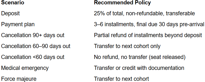 retreat deposit and refund policy