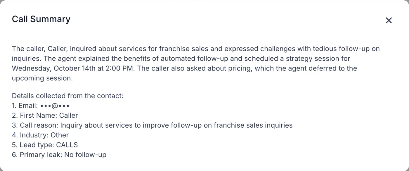 Anonymized call summary from RevenueFlow AI showing call reason, lead type and details collected by the AI receptionist