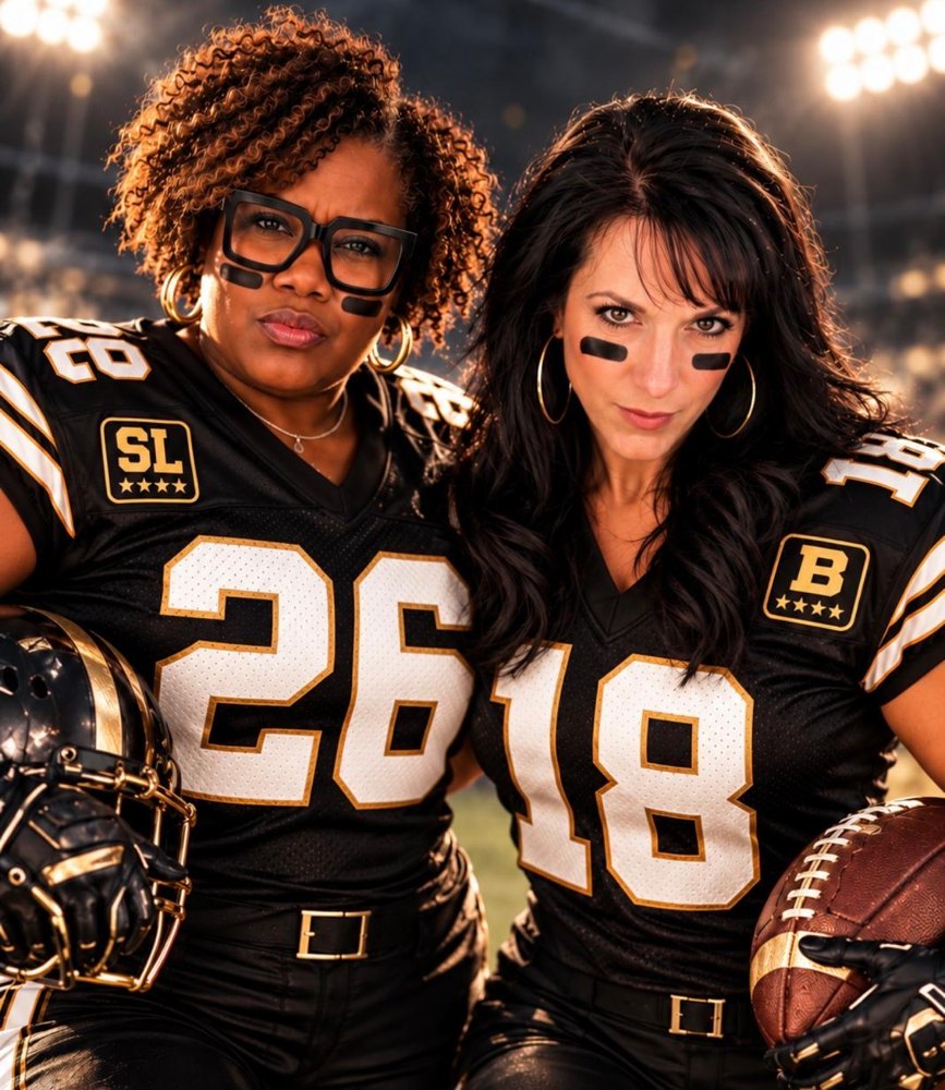 Two Epique Georgia leaders in black and gold football jerseys under stadium lights