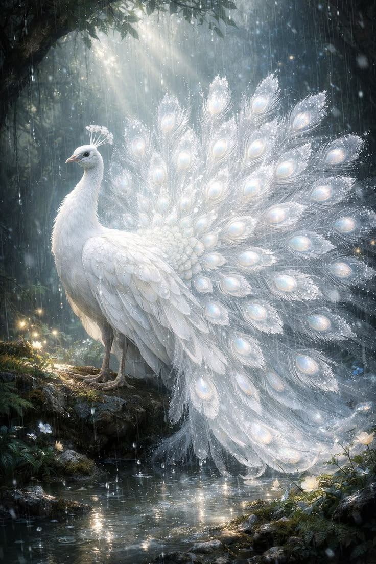 Pavo real blanco y dorado — símbolo de transformación