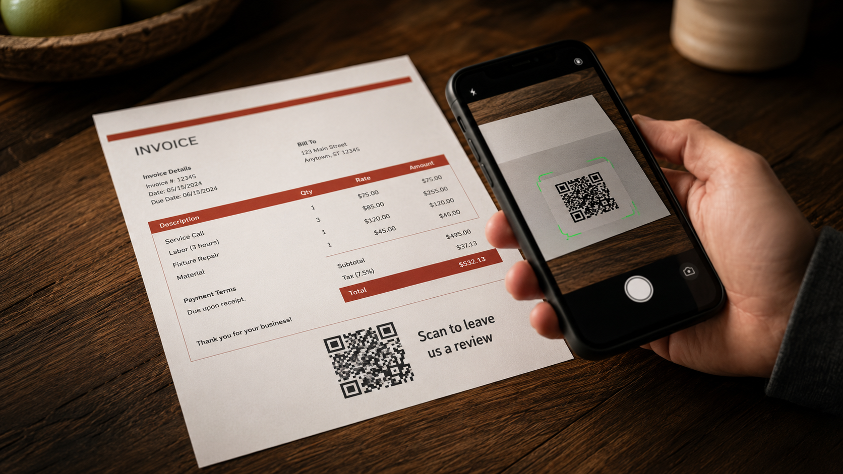 Customer scanning a QR code on a service invoice to leave a Google review Customer scanning a QR code on a service invoice to leave a Google review