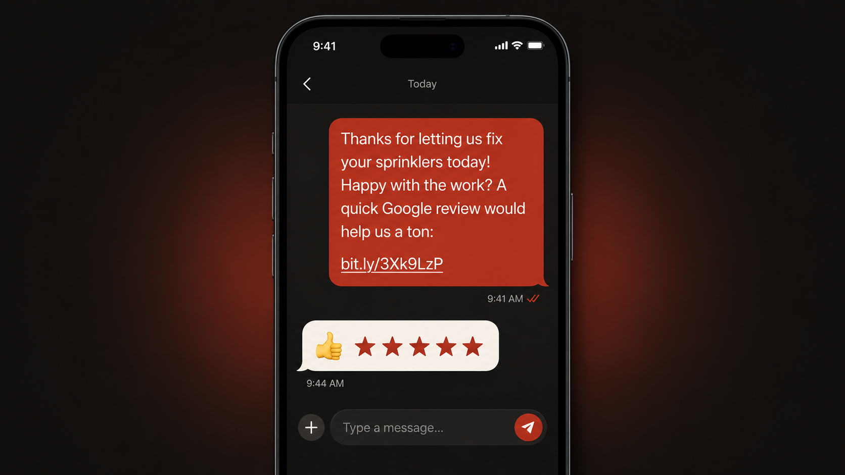 Text message asking a happy customer for a Google review with a direct link Text message asking a happy customer for a Google review with a direct link