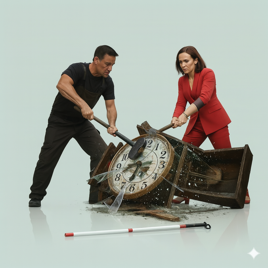 Two professionals smashing a large clock, symbolizing Breaking925's mission to dismantle rigid work structures