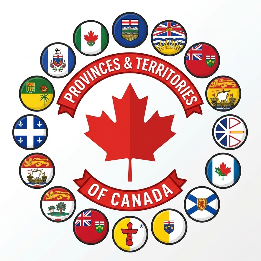Flags of all Canadian provinces and territories surrounding a central maple leaf