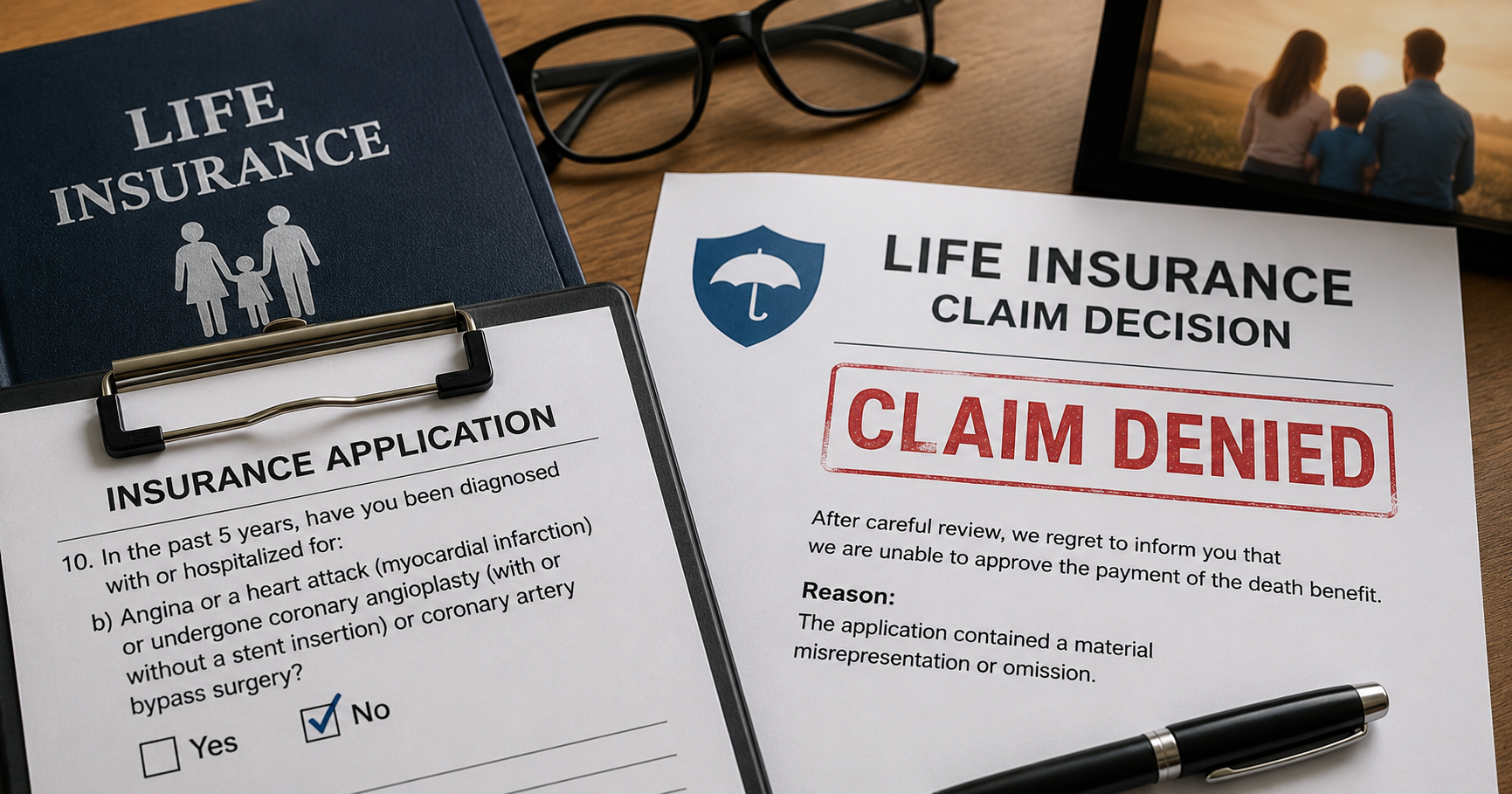 Life insurance claim denial letter beside an application showing a medical question answered incorrectly Life insurance claim denial letter beside an application showing a medical question answered incorrectly