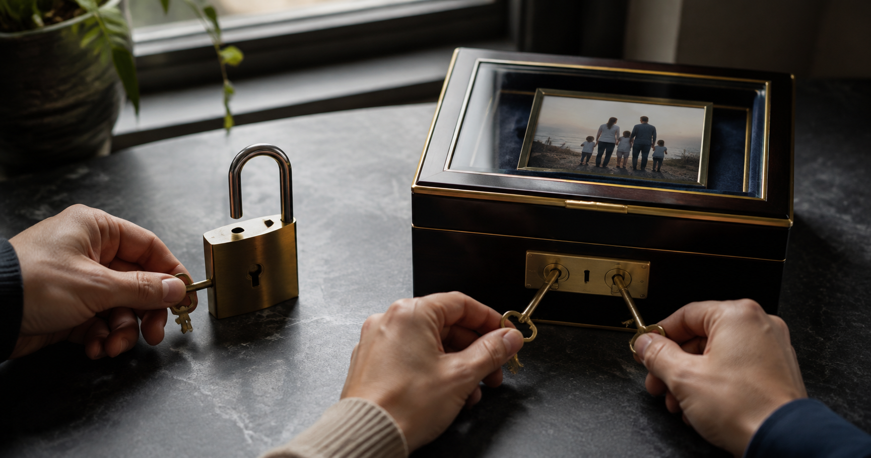 Single-key padlock beside a two-key lockbox protecting a family photograph Single-key padlock beside a two-key lockbox protecting a family photograph